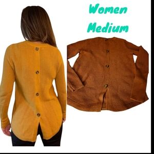 Max Studio Sweater Waffle Button Back Ribbed Knit Caramel Brown Women Med